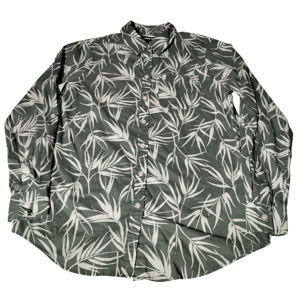 Lands End Shirt Womens Sz  S Green White Palms Long Sleeve Roll Tab Button Up